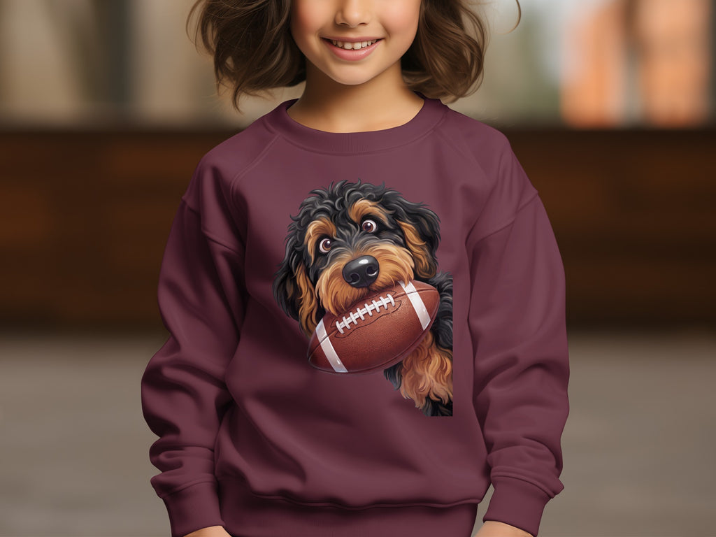 Burgundy sweatshirt with a graphic of a dog holding a football.
