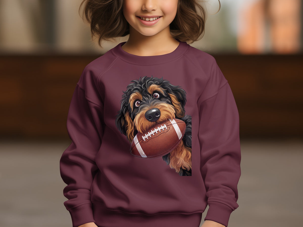 Burgundy sweatshirt with a graphic of a dog holding a football.