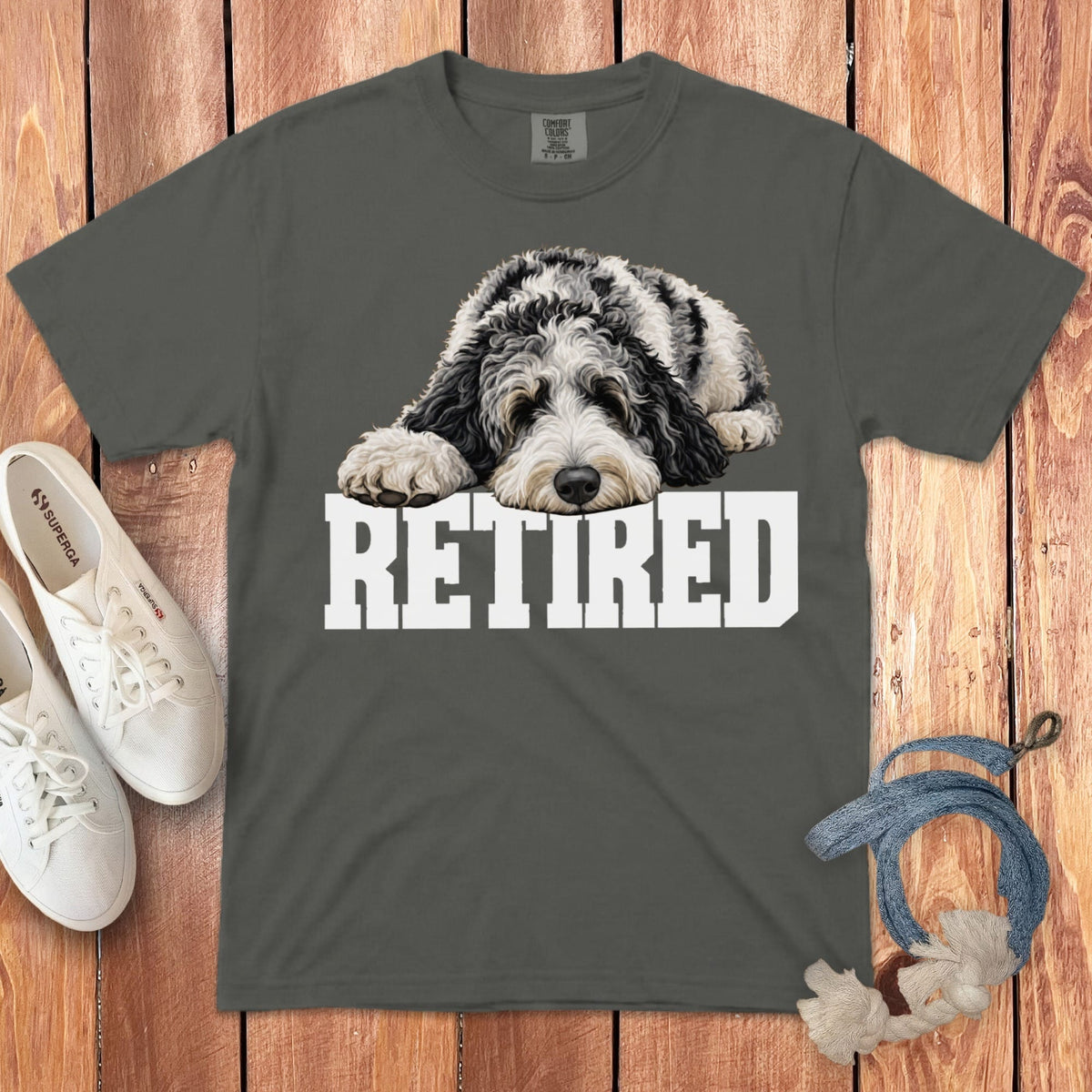 Retired Sleeping Merle Goldendoodle Signature T-Shirt in Pepper / S by Puppy Jo