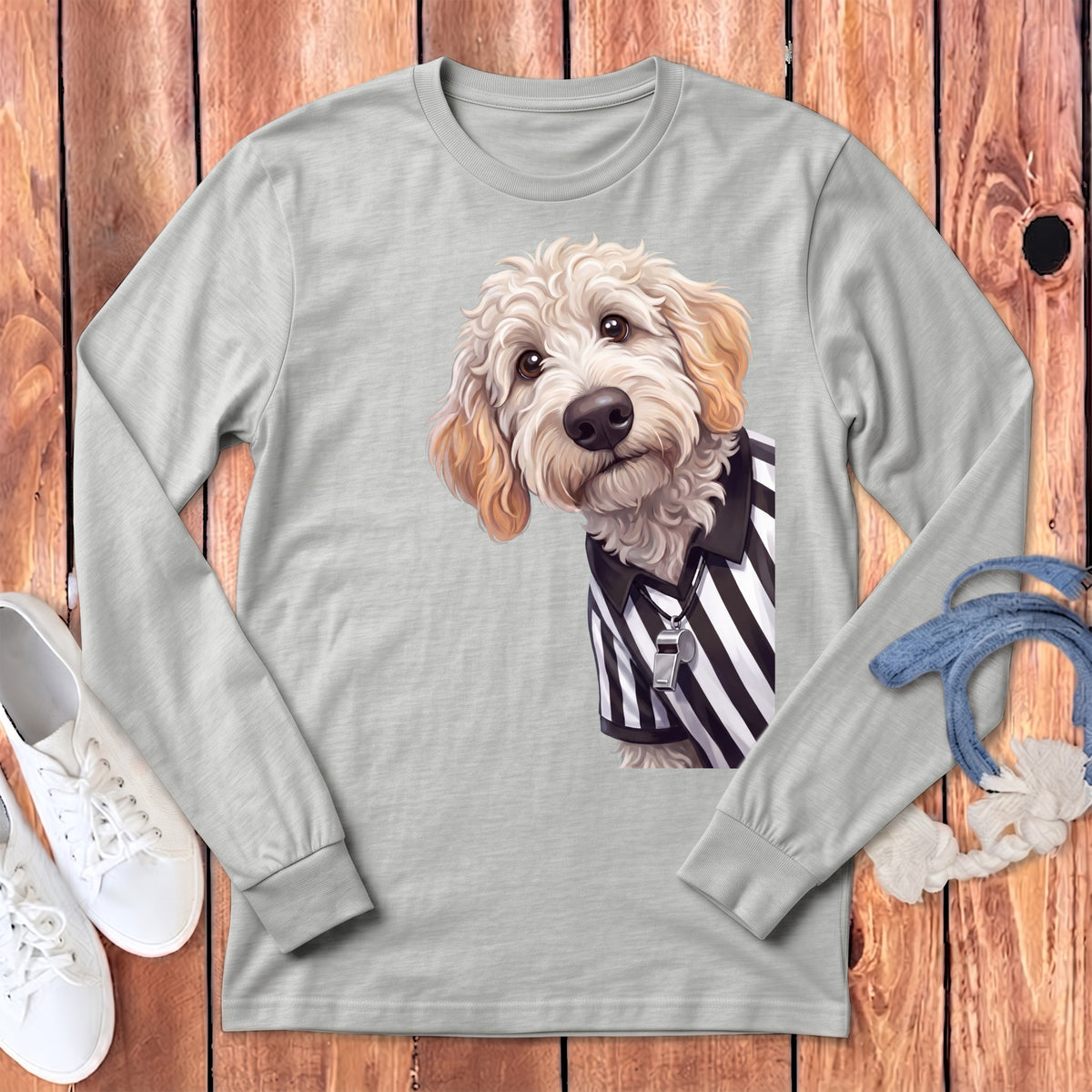 Light gray long-sleeve shirt featuring a doodle dog in a referee uniform with a whistle.