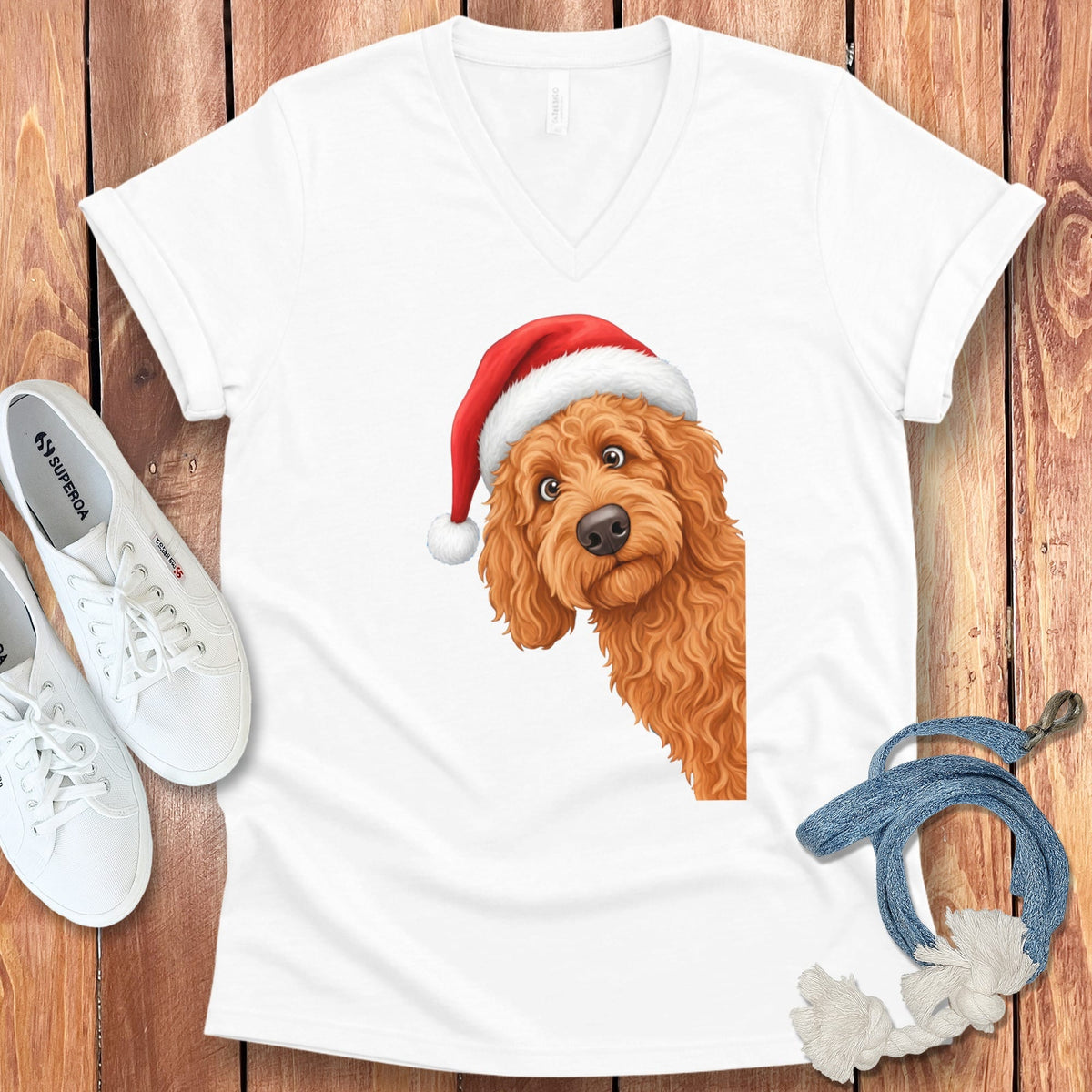 Apricot Goldendoodle Holiday Santa V-Neck T-Shirt in White / S by Puppy Jo