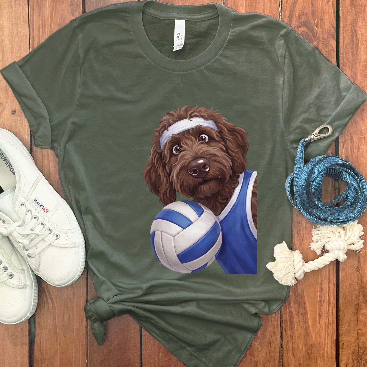Chocolate Goldendoodle Volleyball Player T-Shirt in Military Green / S by Puppy Jo