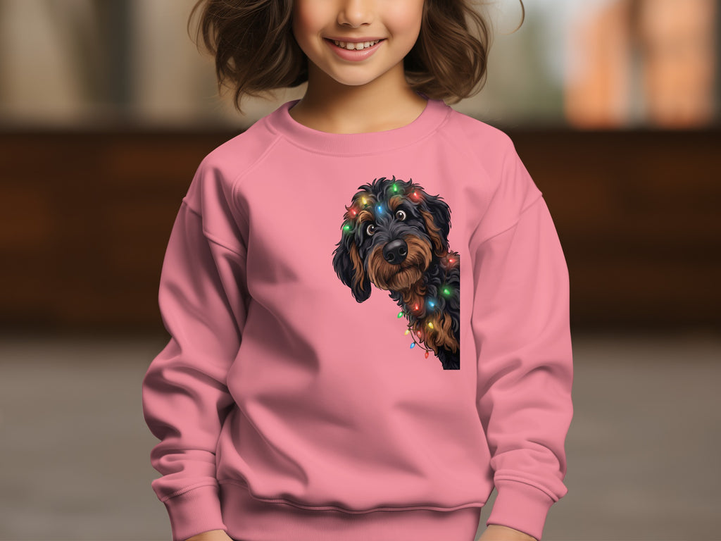 Pink sweatshirt with a dog peeking from the side, wearing colorful Christmas lights.