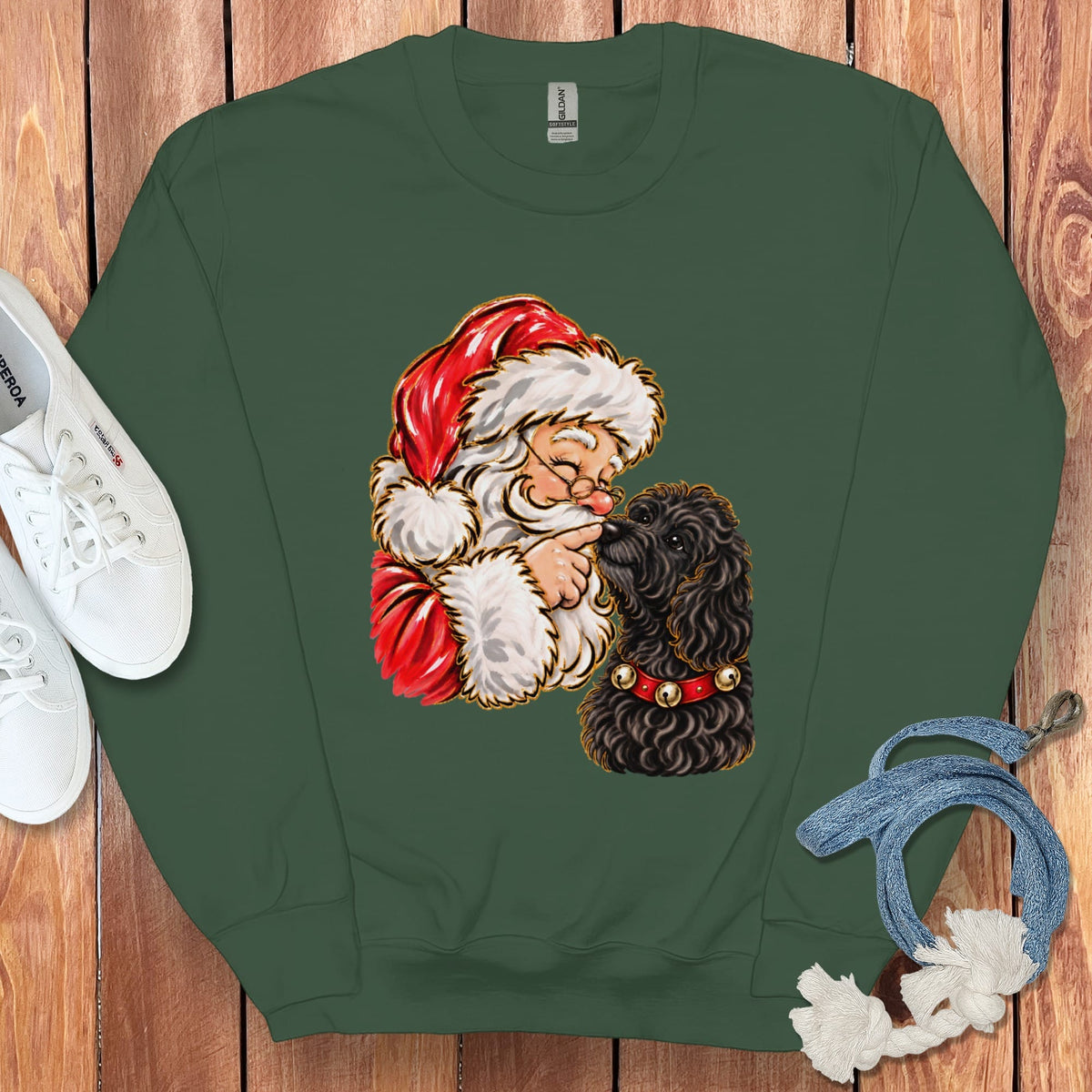 Black Goldendoodle Santa Kiss Sweatshirt in Forest Green / S by Puppy Jo