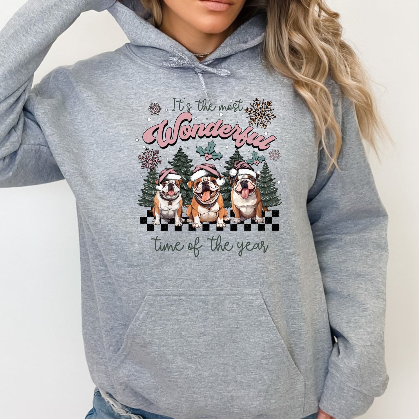 Christmas English Bulldogs Hoodie Sweatshirt - PuppyJo Hoodie S / Sport Grey