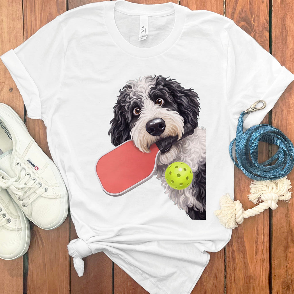 Sheepadoodle Pickleball T-Shirt in White / S by Puppy Jo