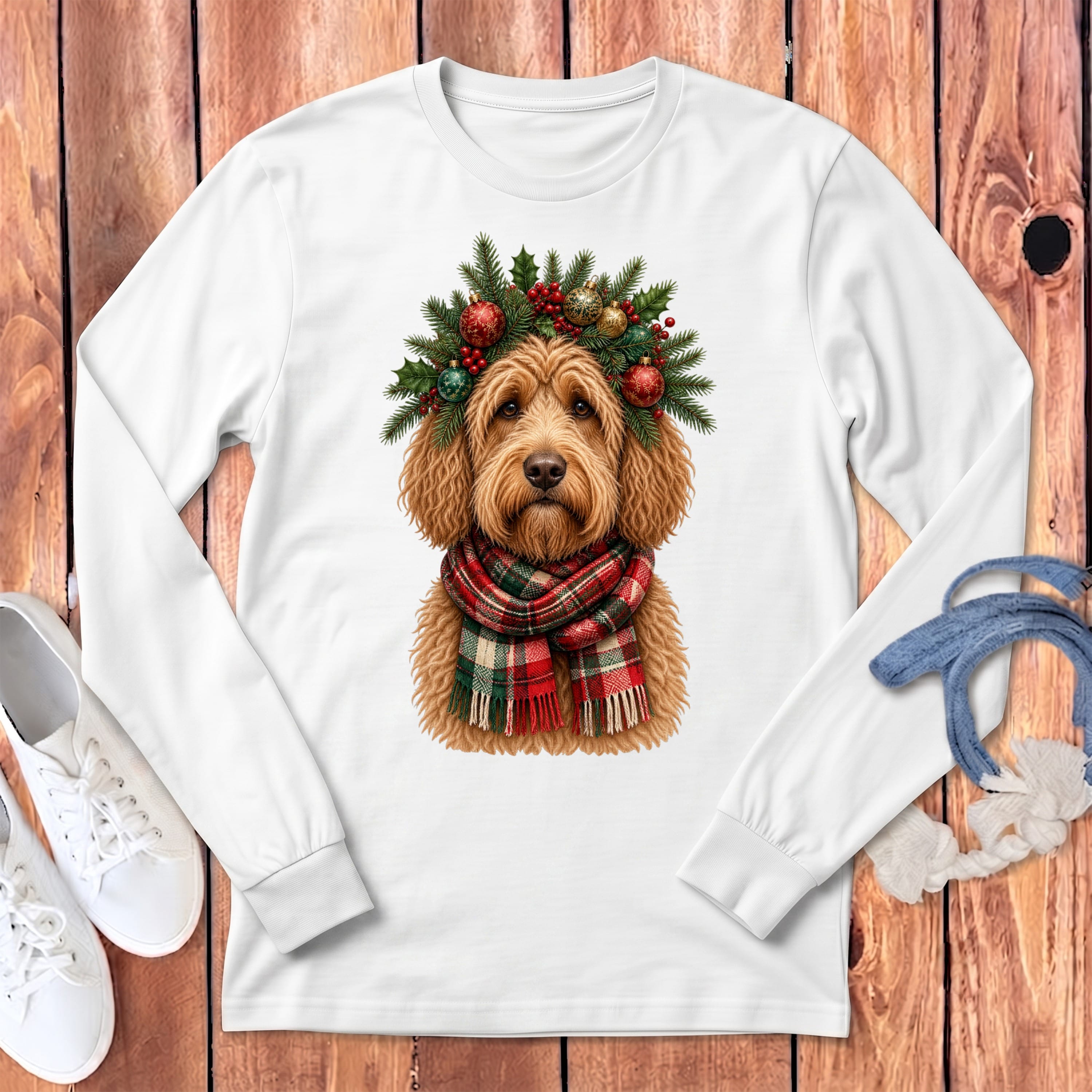 Apricot Goldendoodle Holiday Crown Long Sleeve T-Shirt in White / S by MyDesigns