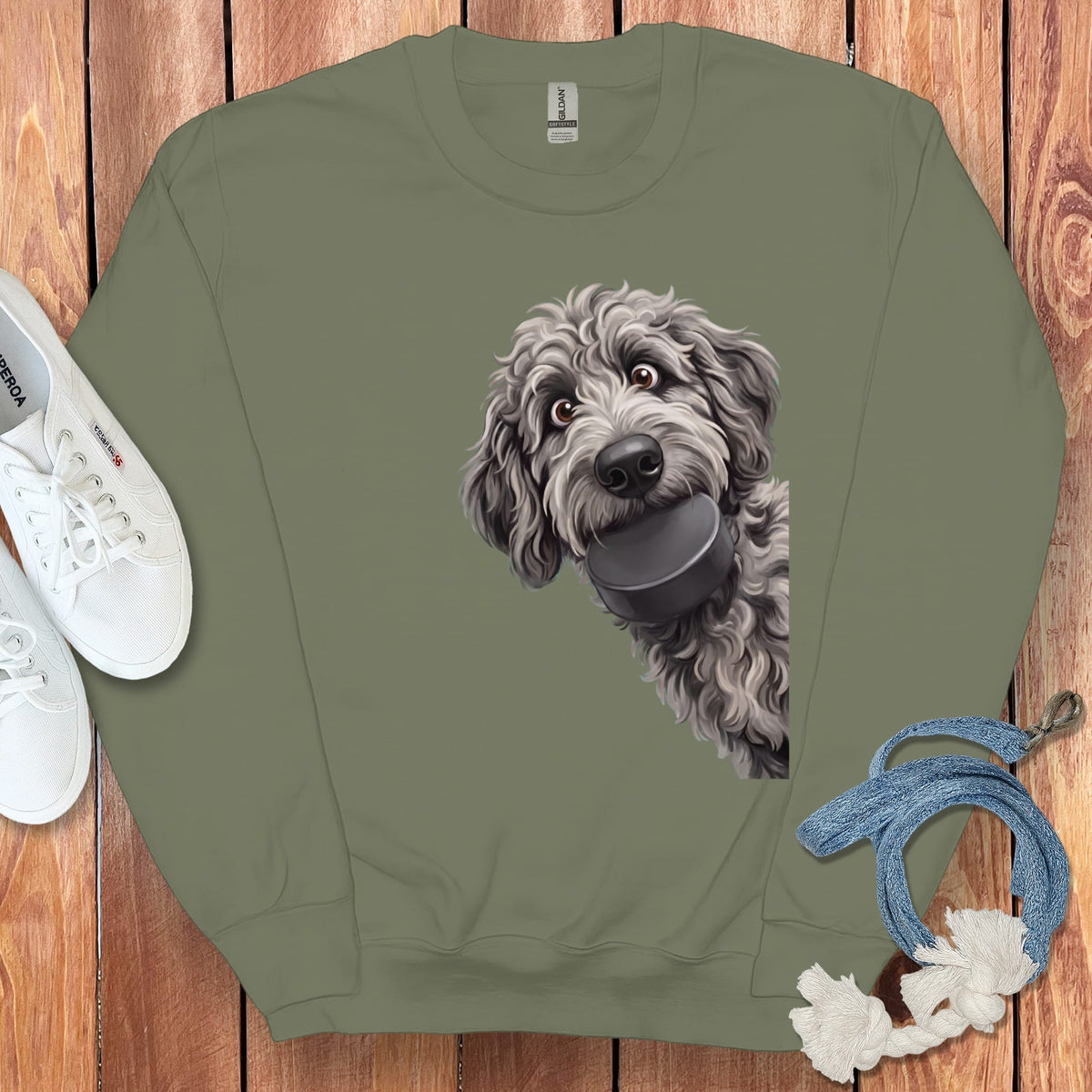 Merle Goldendoodle Hockey Puck Sweatshirt in Military Green / S by Puppy Jo