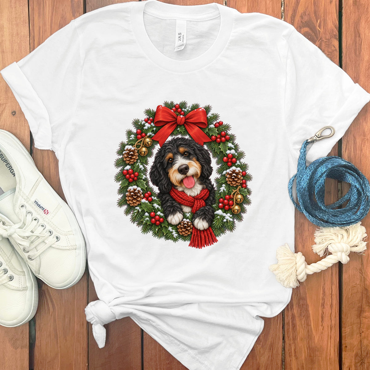 A white t-shirt featuring a bernedoodle dog wearing a red scarf inside a Christmas wreath.