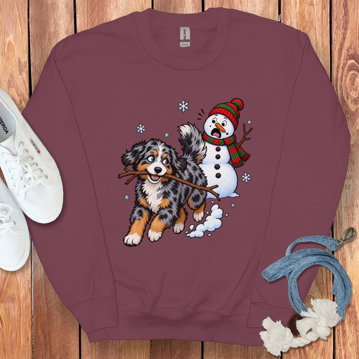 Aussiedoodle Snowman Sweatshirt in Maroon / S by Puppy Jo