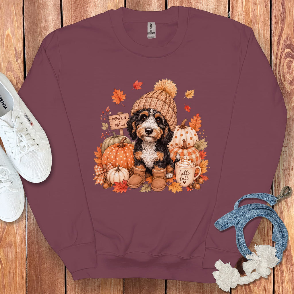Bernedoodle Pumpkin Patch Sweatshirt in Maroon / S by Puppy Jo