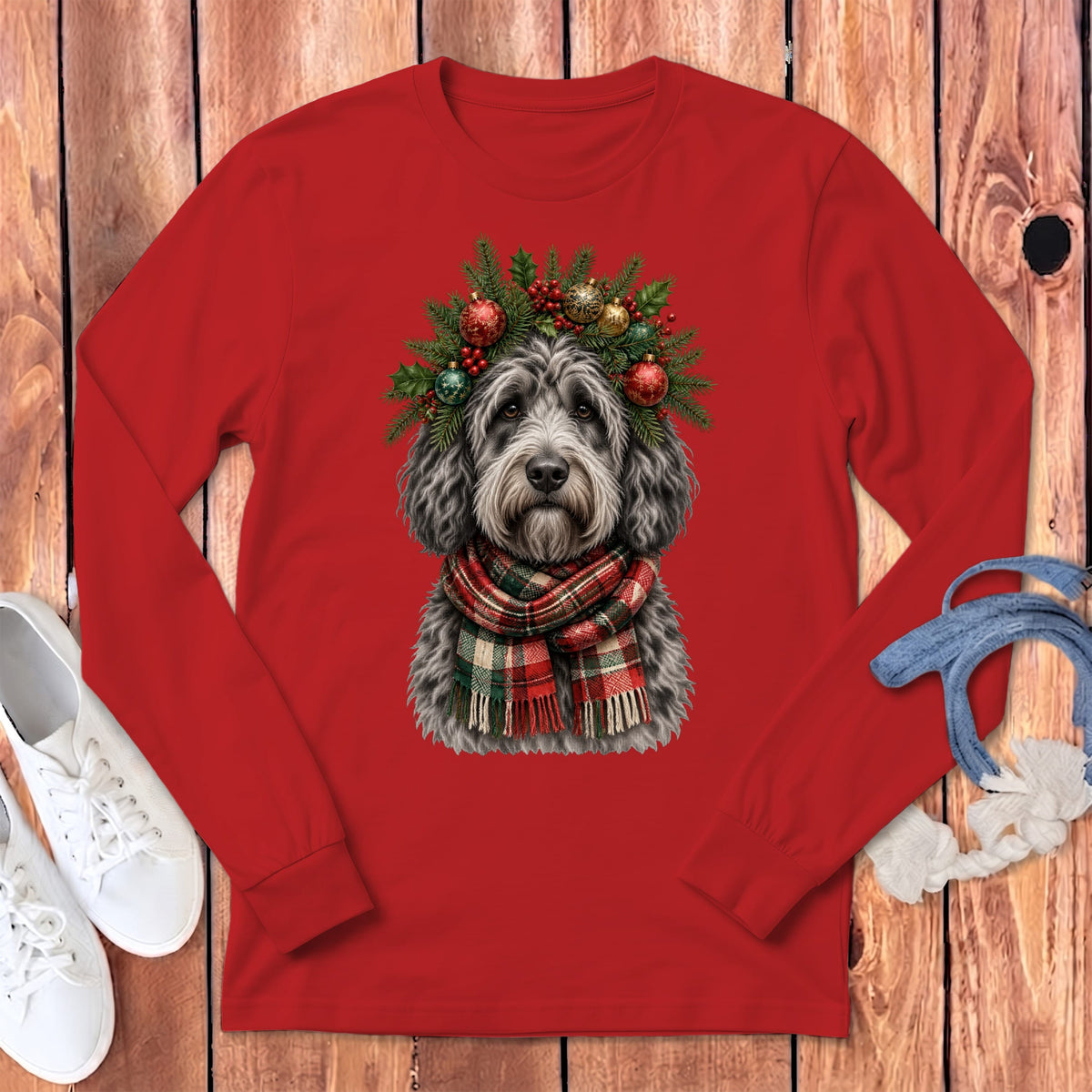 Merle Goldendoodle Holiday Crown Long Sleeve T-Shirt in Red / S by MyDesigns