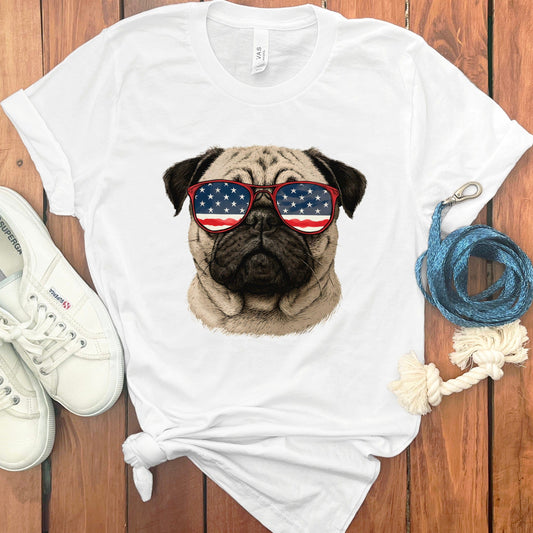 Patriotic Pug T-shirt featuring USA flag sunglasses product