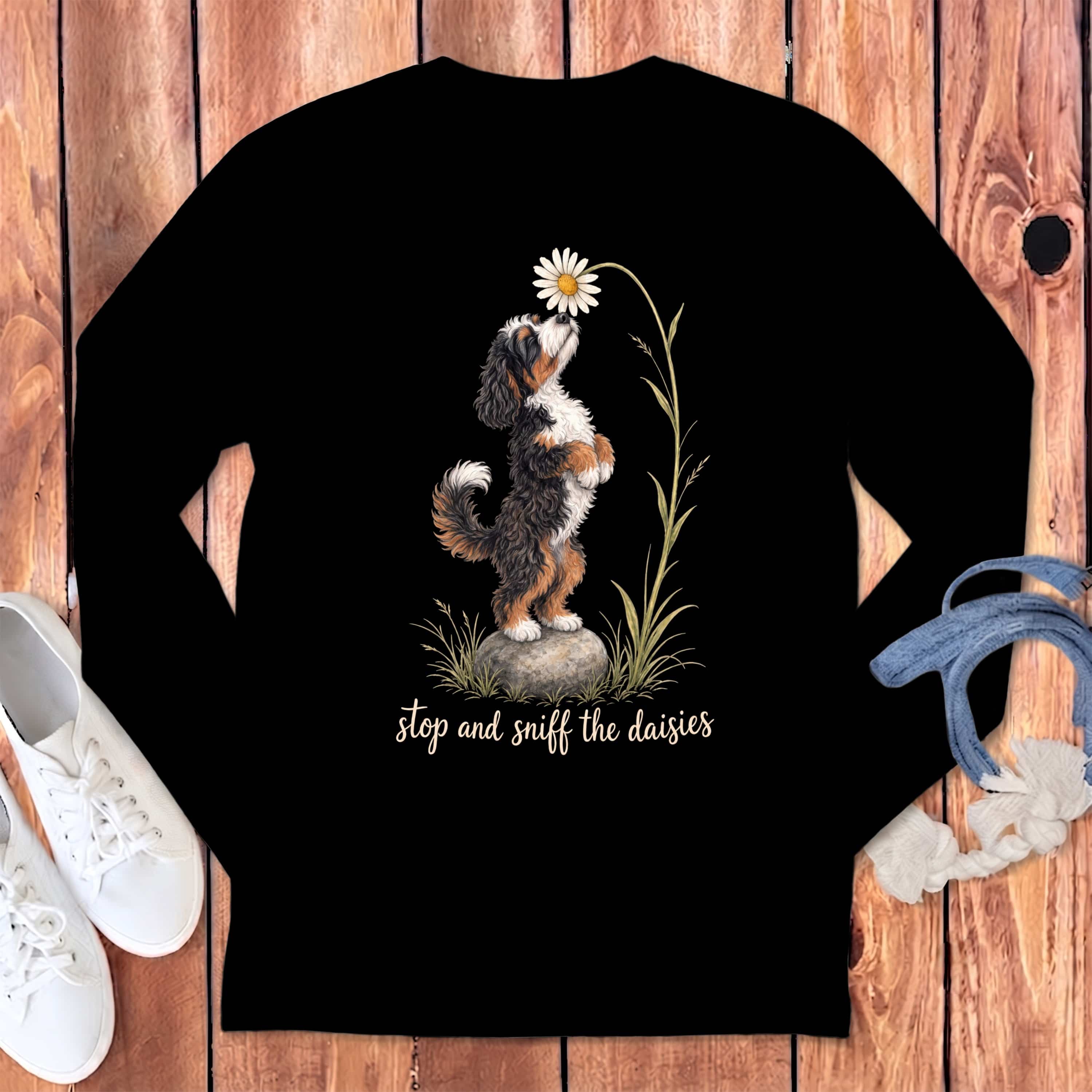 Bernese Mountain Dog puppy sniffing a daisy with text "stop and sniff the daisies."
