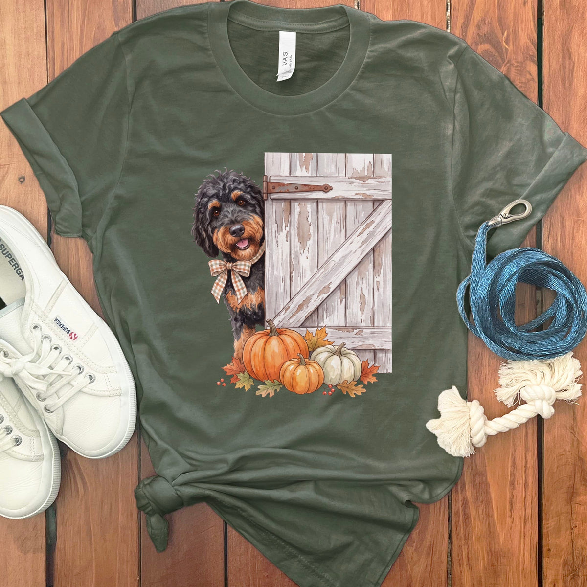 Phantom Goldendoodle Barn Peeking T-Shirt in Military Green / S by Puppy Jo