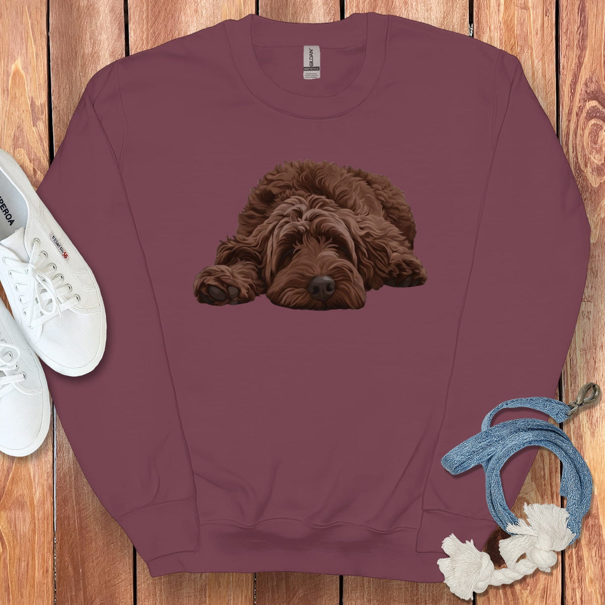 Chocolate Goldendoodle Snoozing Sweatshirt in Maroon / S by Puppy Jo