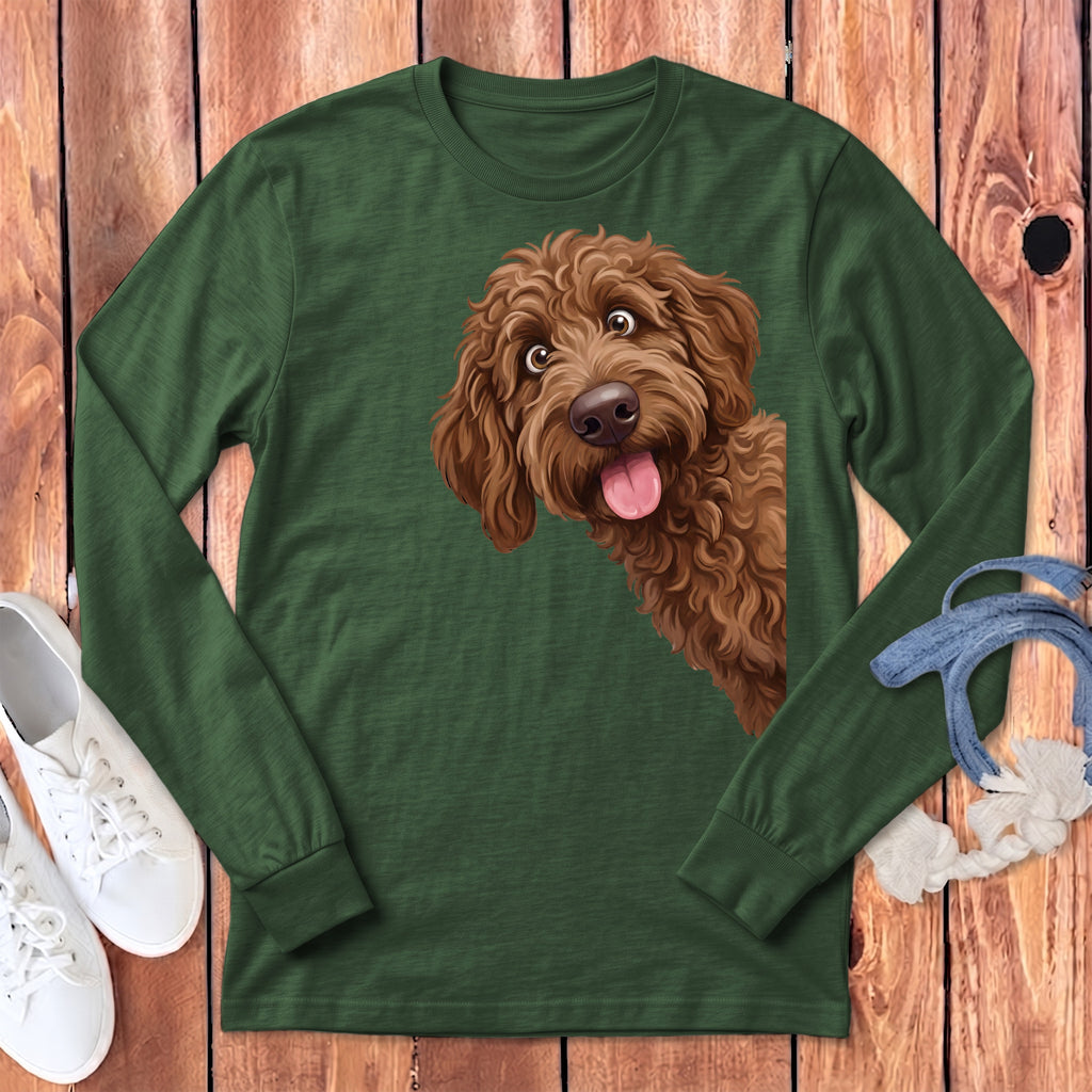 Green long-sleeved shirt with a brown dog graphic peeking from the side.