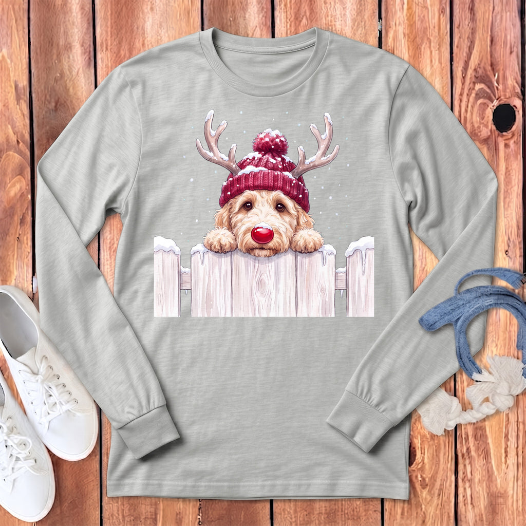 Light grey long sleeve t-shirt with a festive goldendoodle graphic.
