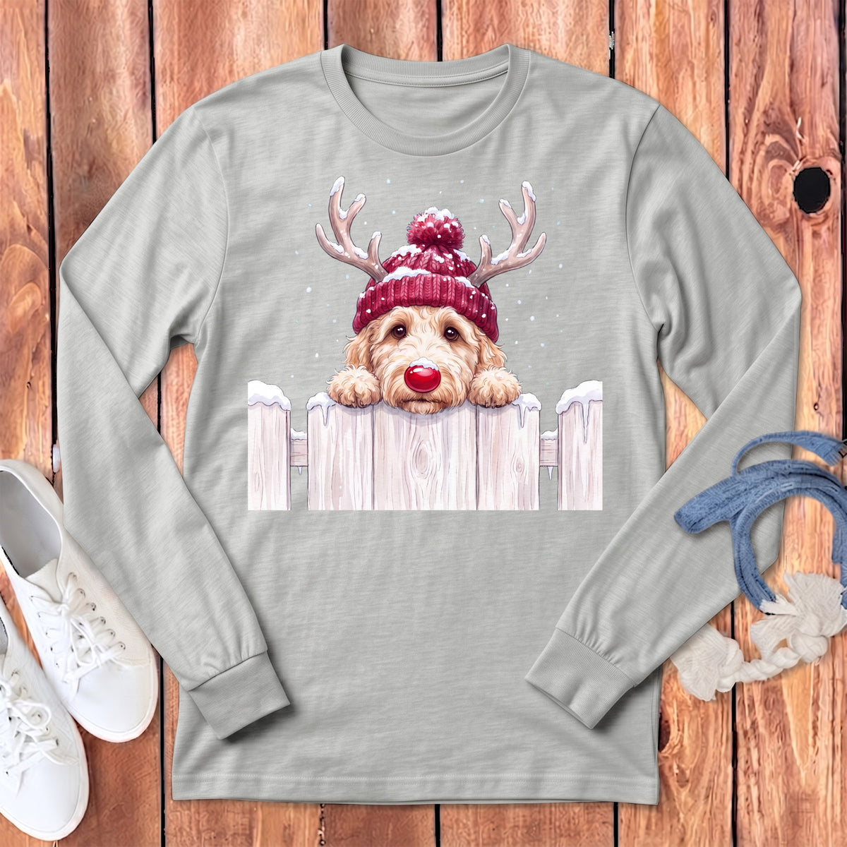 Light grey long sleeve t-shirt with a festive goldendoodle graphic.