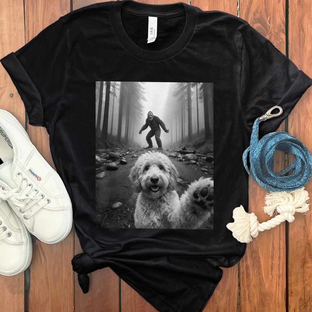 Black T-shirt with Cute Dog and Bigfoot Print