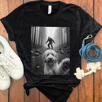 Black T-shirt with Cute Dog and Bigfoot Print