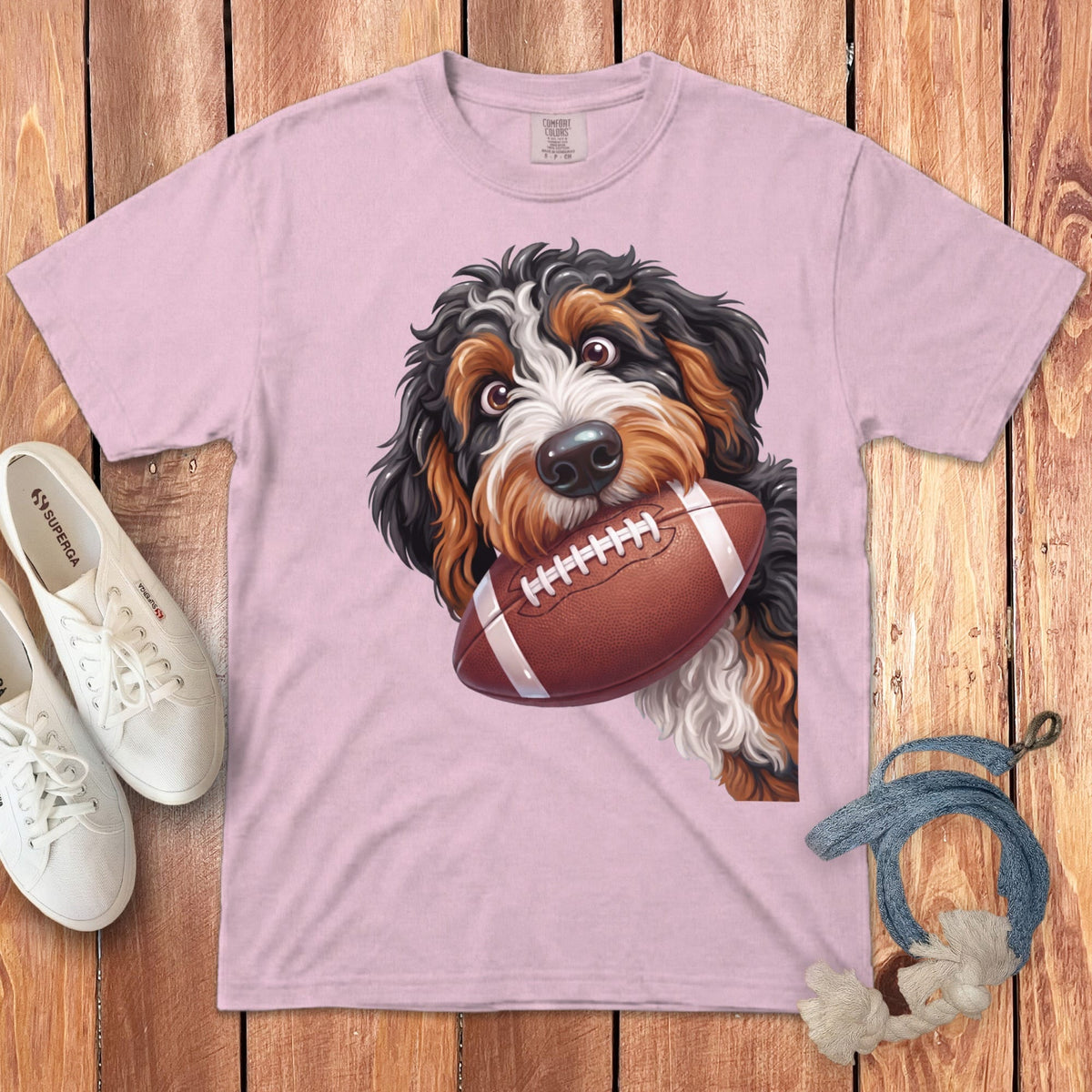 Bernese Mountain Dog puppy holding a football on a pink t-shirt.