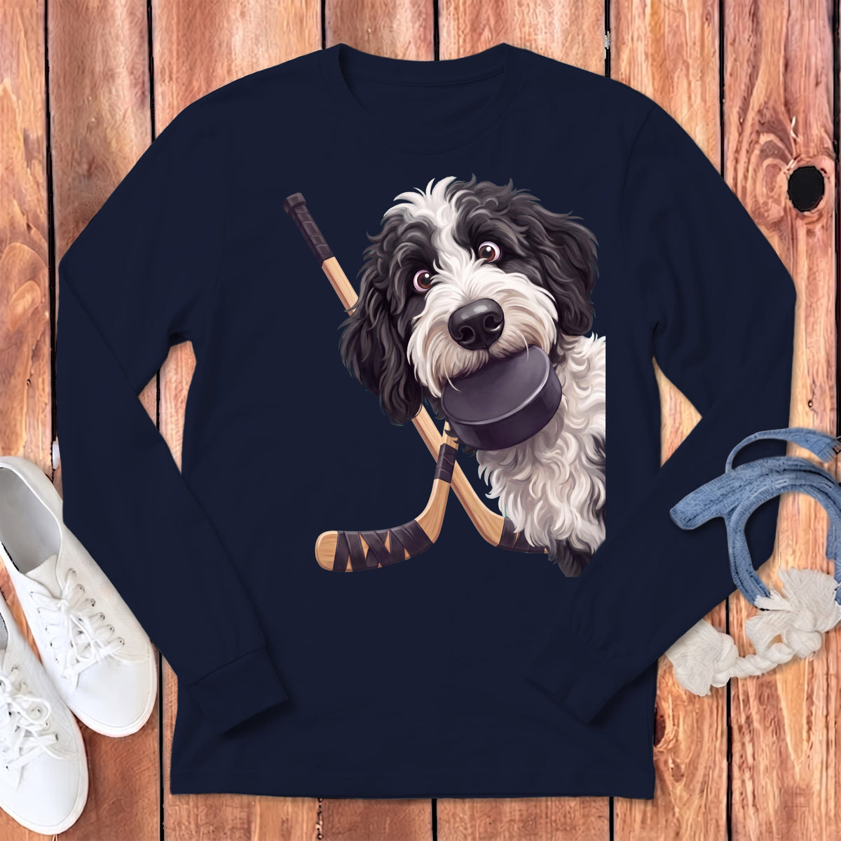 Sheepadoodle Hockey Long Sleeve T-Shirt in Navy / S by Puppy Jo