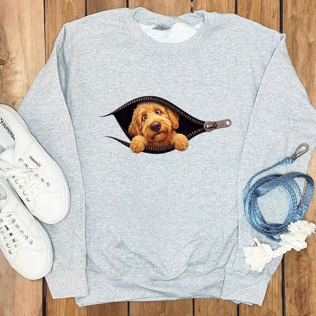 Golden Goldendoodle Peeking Zipper Sweatshirt in Sport Grey / S by Puppy Jo