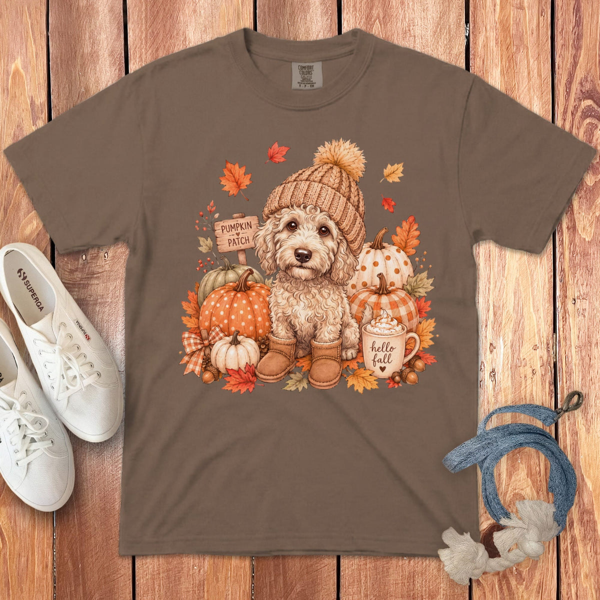 Cream Goldendoodle Pumpkin Patch Signature T-Shirt in Espresso / S by Puppy Jo