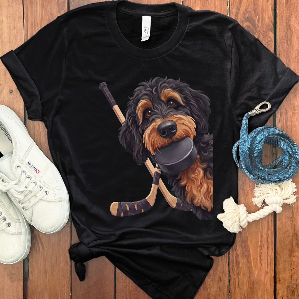 Phantom Goldendoodle Hockey T-Shirt in Black / S by Puppy Jo