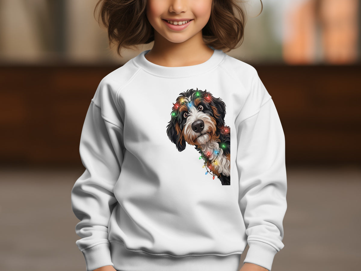 White sweatshirt with a Bernese Mountain Dog wearing festive string lights graphic.