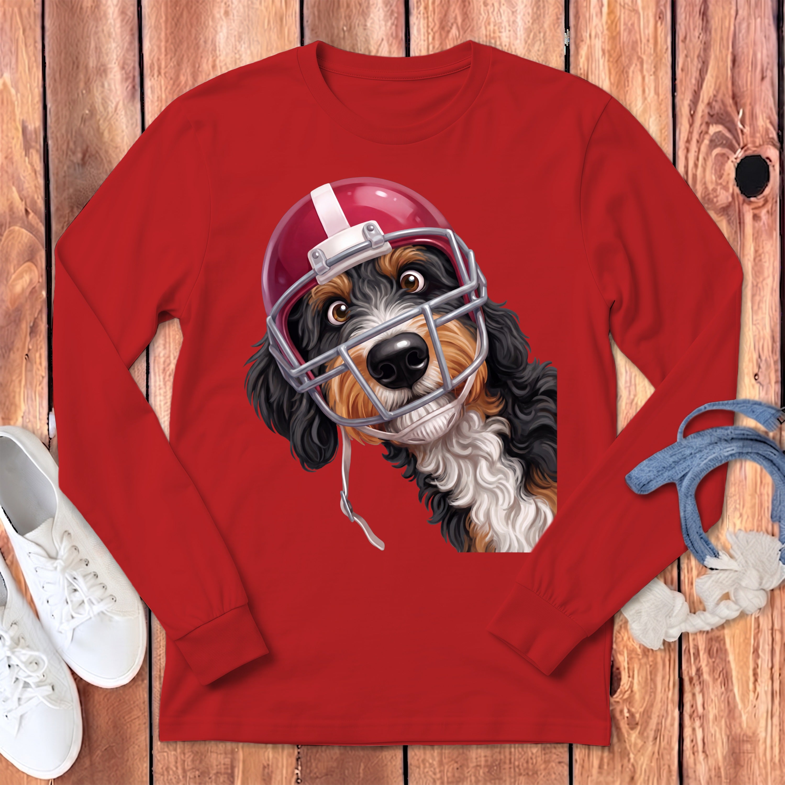 Bernese Mountain Dog puppy wearing a red football helmet and facemask.