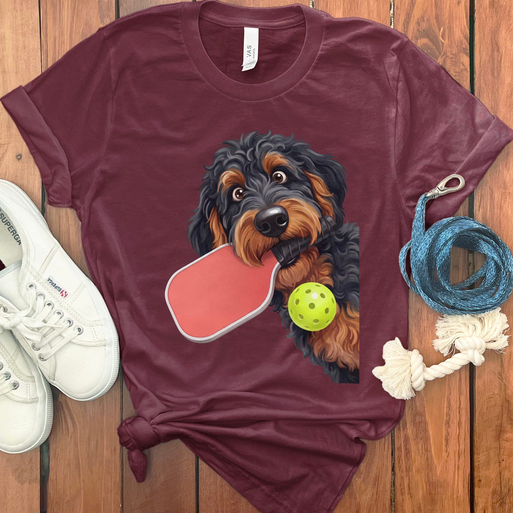 Phantom Goldendoodle Pickleball T-Shirt in Maroon / S by Puppy Jo