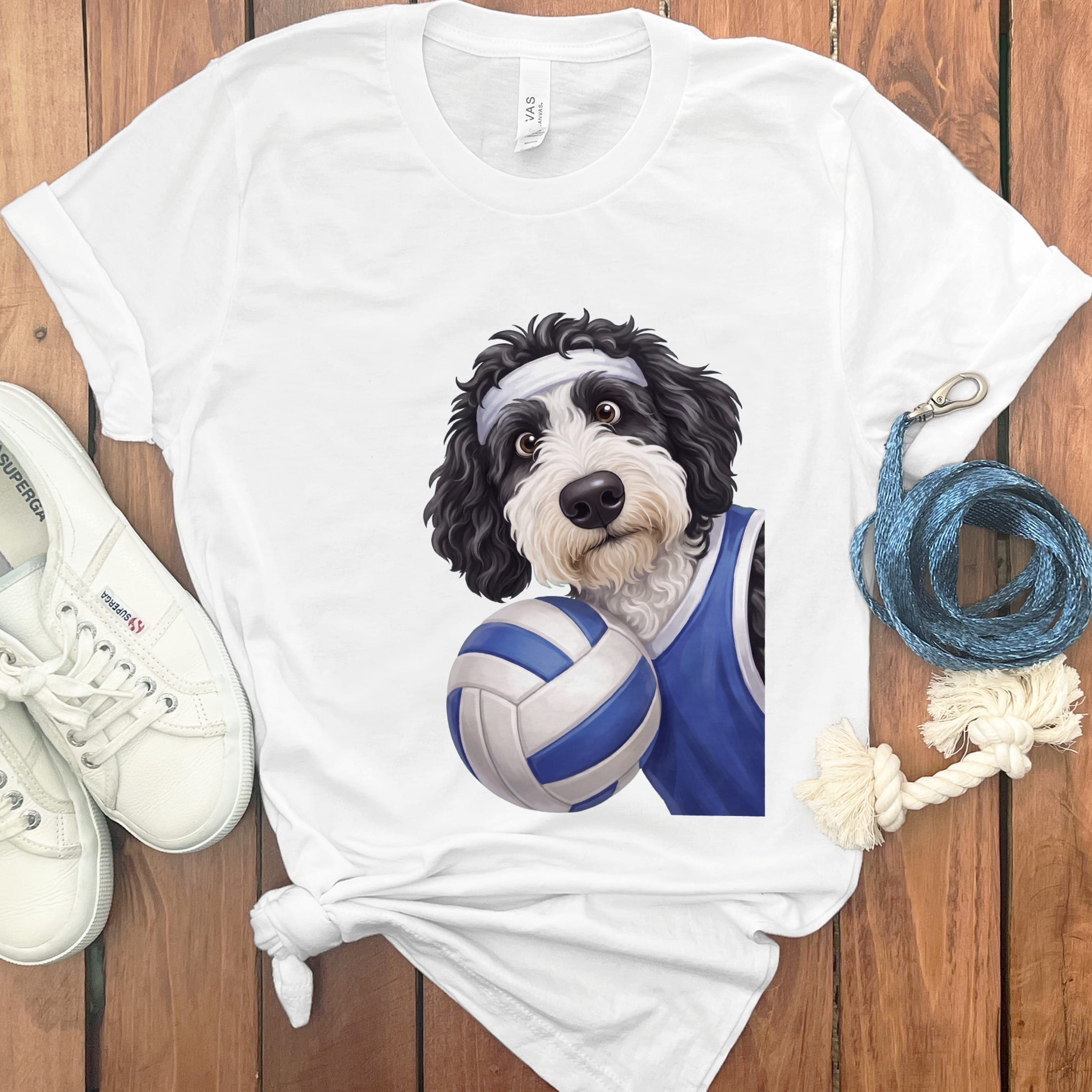 Sheepadoodle Volleyballl Player T-Shirt in White / S by Puppy Jo