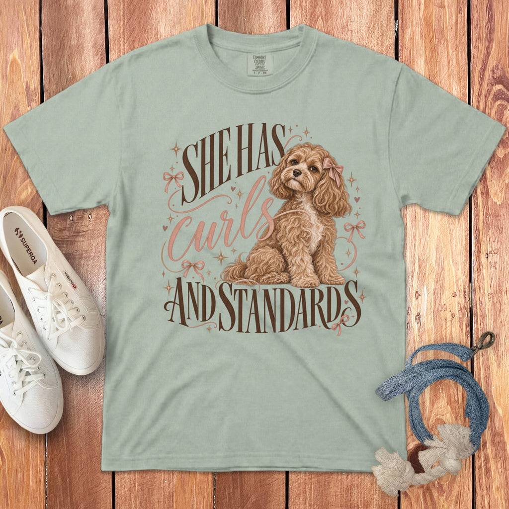 A sage green t-shirt with a graphic of a curly brown dog and the text She Has Curls And Standards.