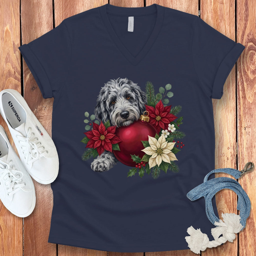 Merle Goldendoodle Holiday Cheer V-Neck T-Shirt in Navy / S by Puppy Jo