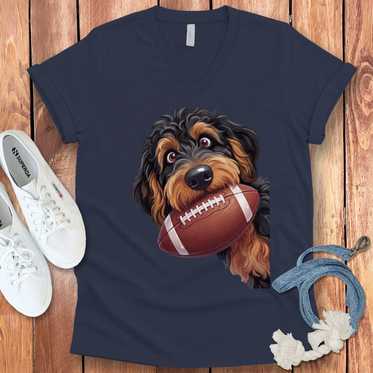 Phantom Goldendoodle Football V-Neck T-Shirt in Navy / S by Puppy Jo
