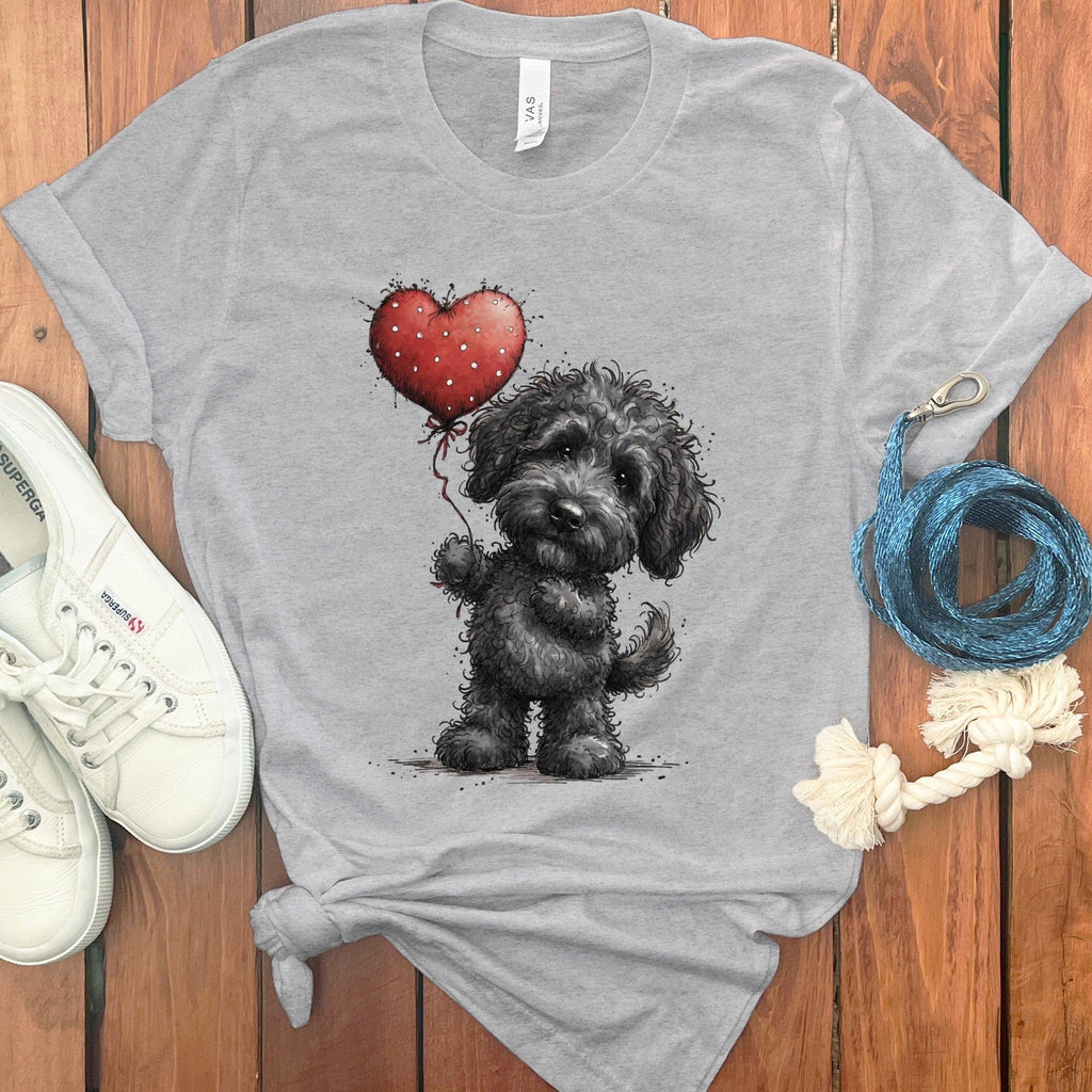 Cute Black Dog Holding Red Heart Balloon T-Shirt