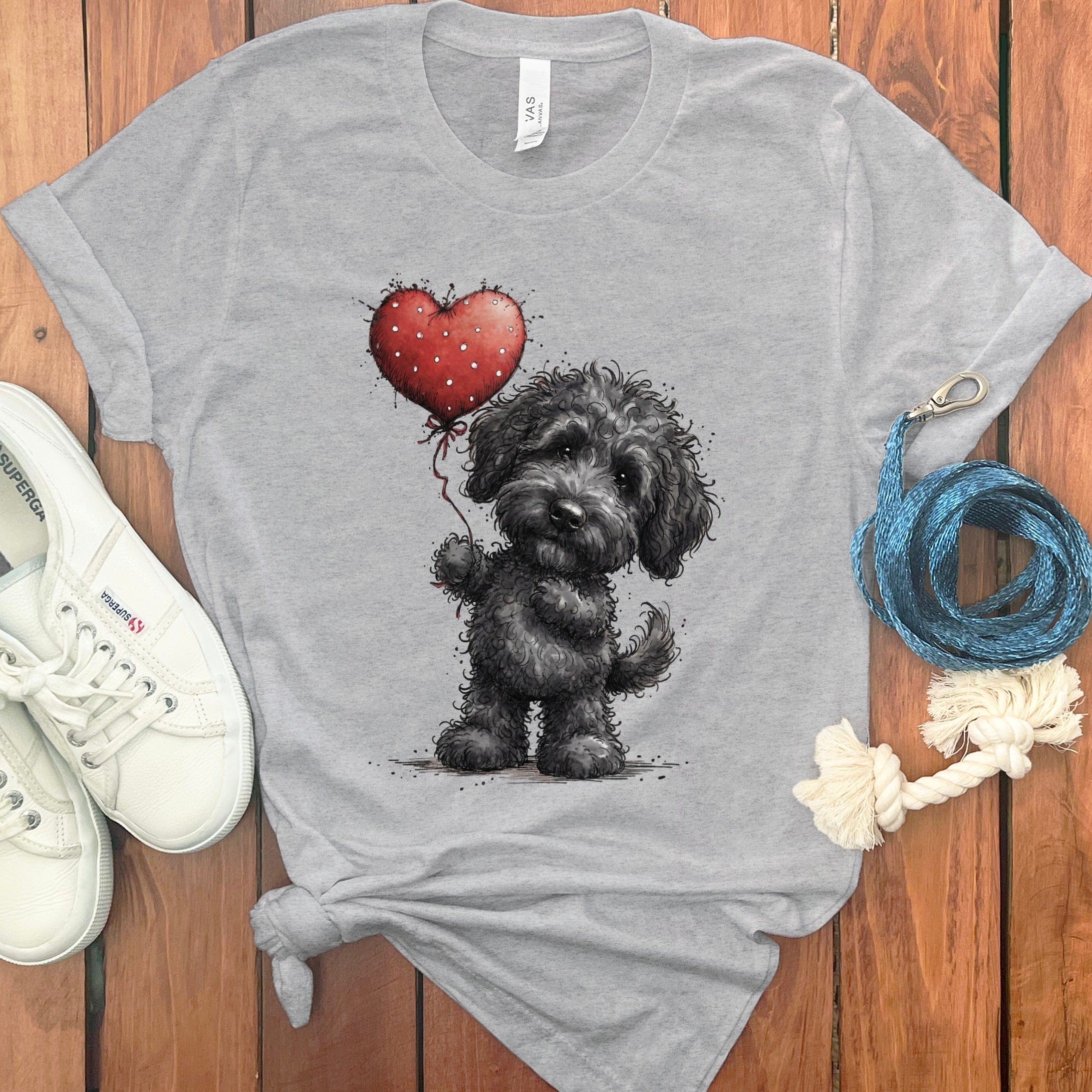 Cute Black Dog Holding Red Heart Balloon T-Shirt
