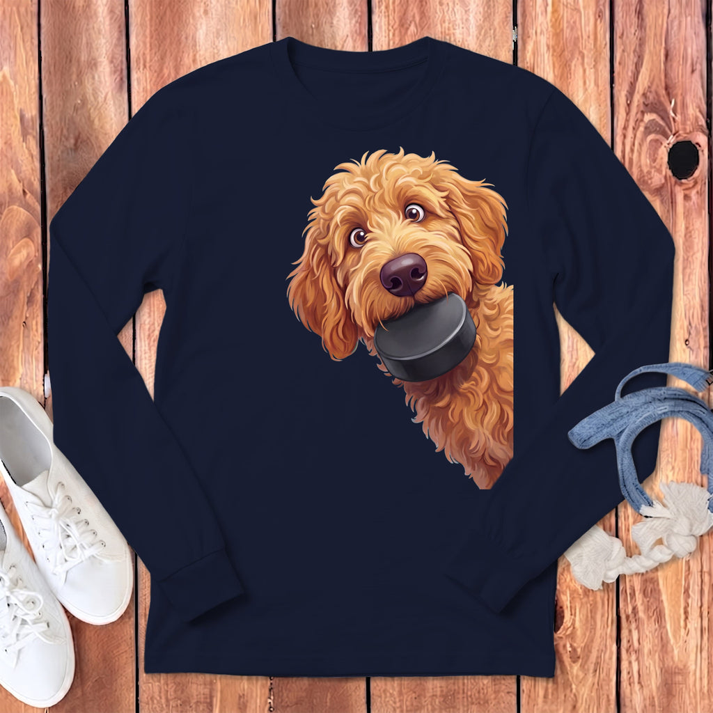 Apricot Goldendoodle Hockey Puck Long Sleeve T-Shirt in Navy / S by Puppy Jo