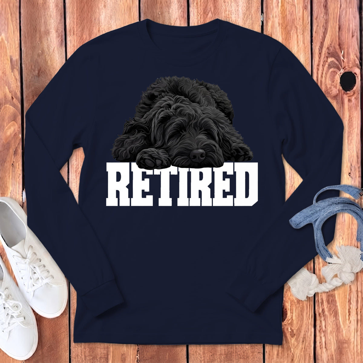 Retired Sleeping Black Goldendoodle Long Sleeve T-Shirt in Navy / S by Puppy Jo