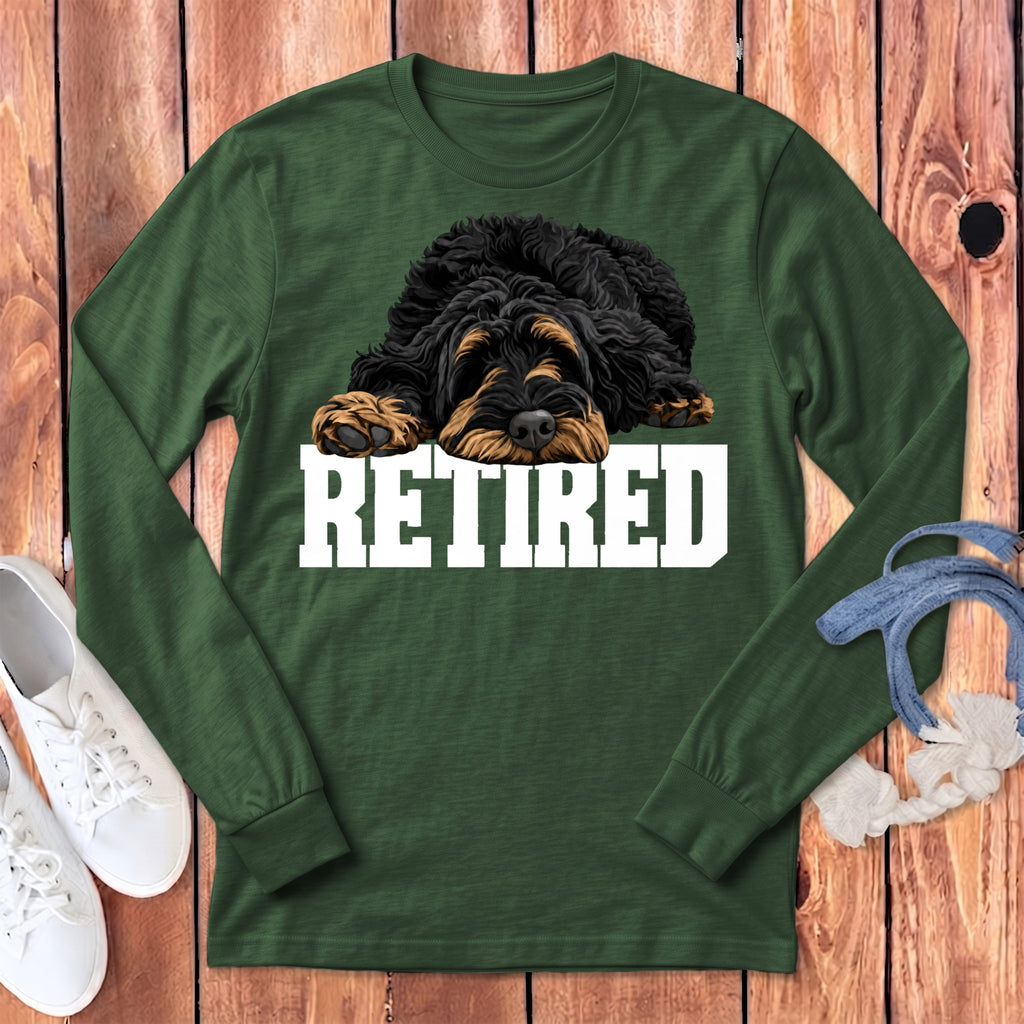 Retired Sleeping Phantom Goldendoodle Long Sleeve T-Shirt in Heather Forest / S by Puppy Jo