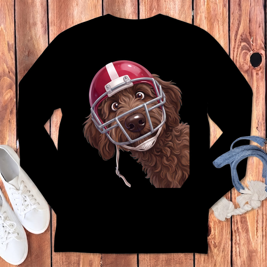 Brown doodle dog wearing a red football helmet with a metal face mask.