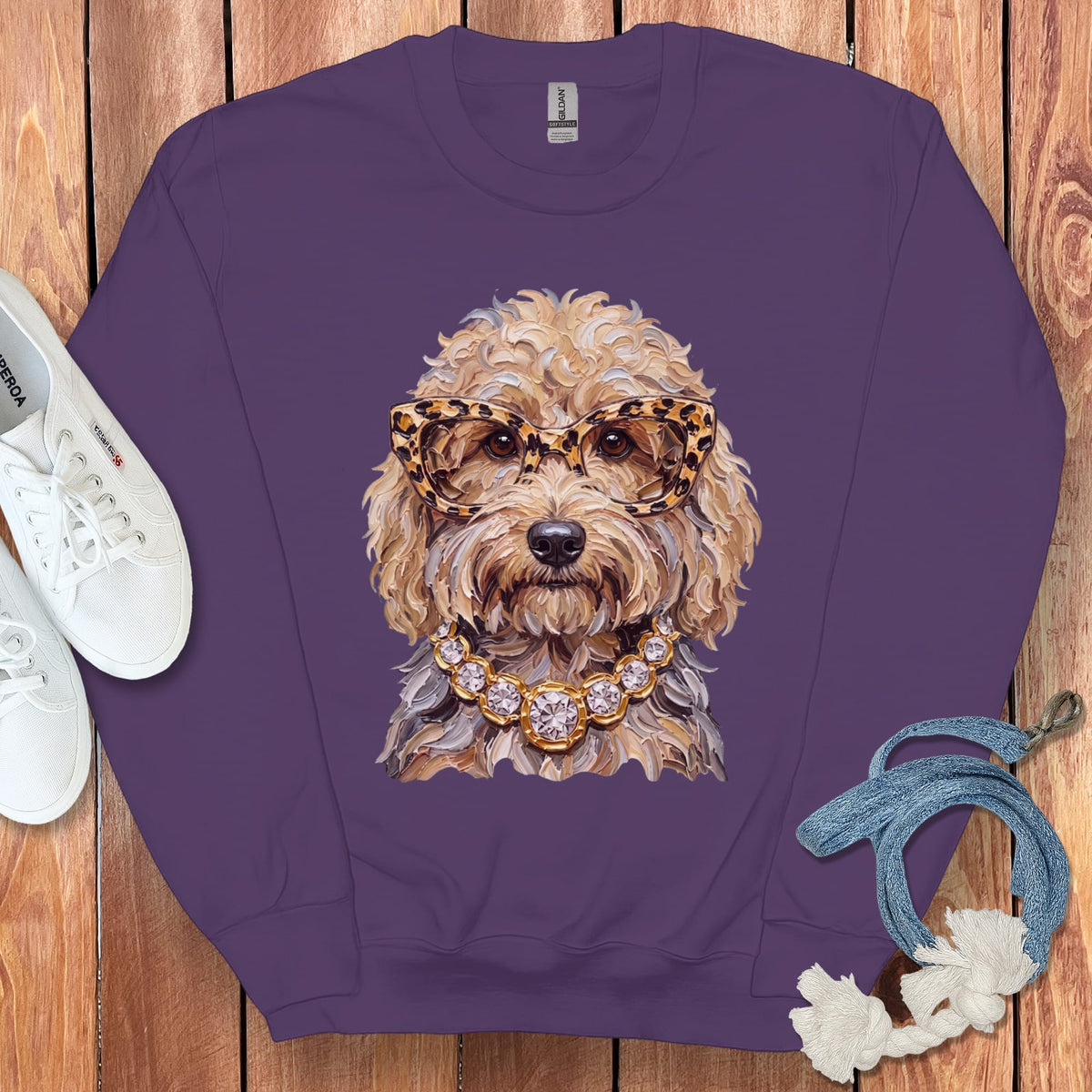 Cream Goldendoodle Glam Sweatshirt in Purple / S by Puppy Jo