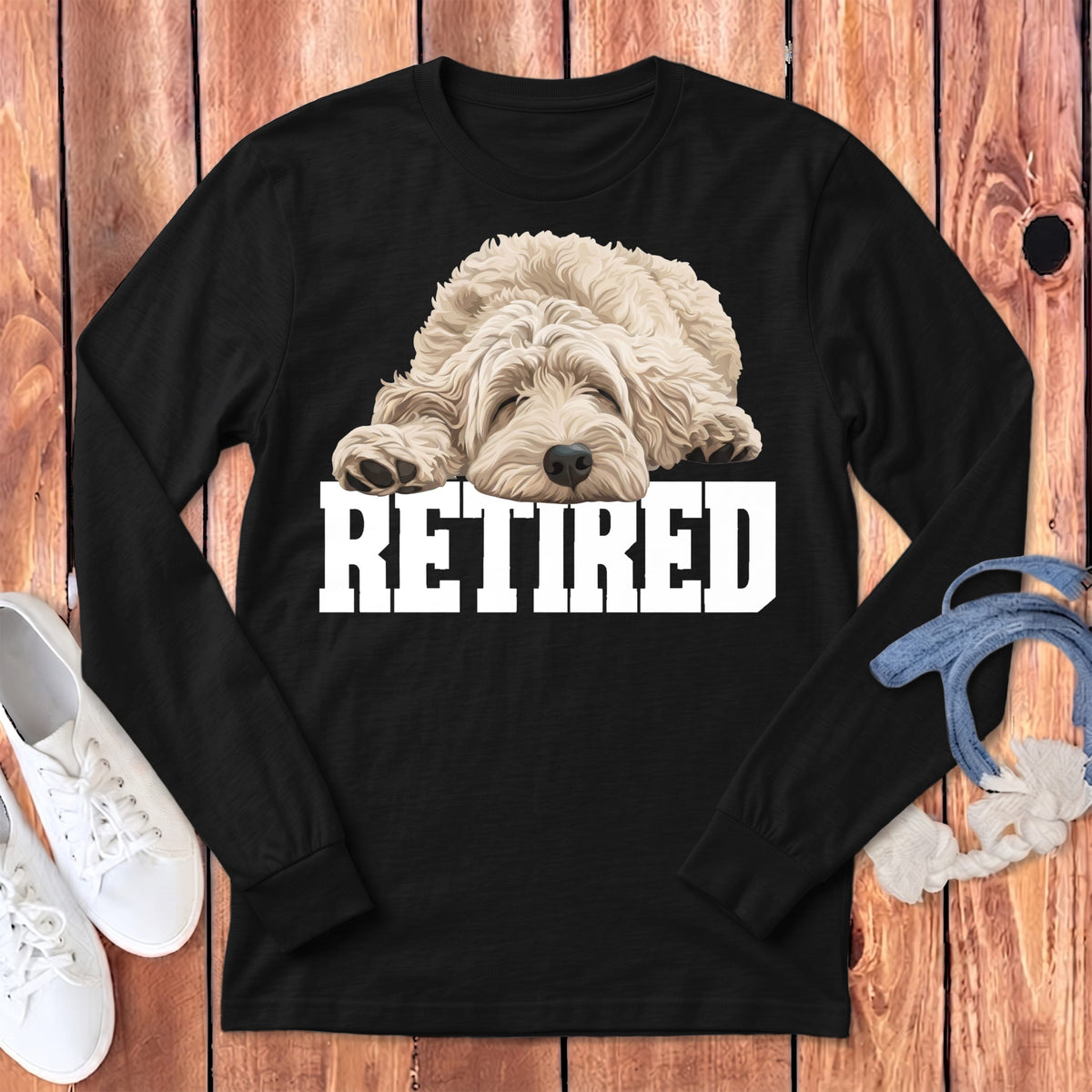 Retired Sleeping Cream Goldendoodle Long Sleeve T-Shirt in Dark Grey Heather / S by Puppy Jo