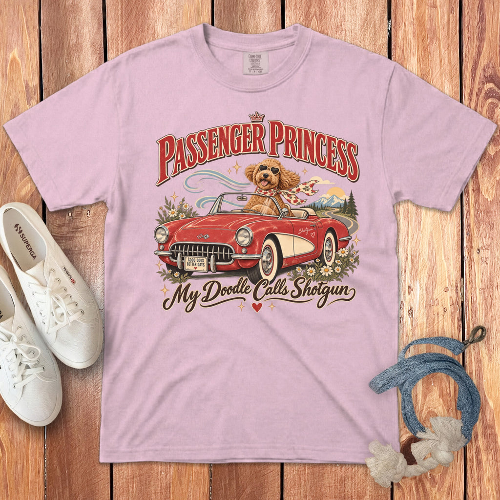 Pink t-shirt with "Passenger Princess My Doodle Calls Shotgun" graphic.