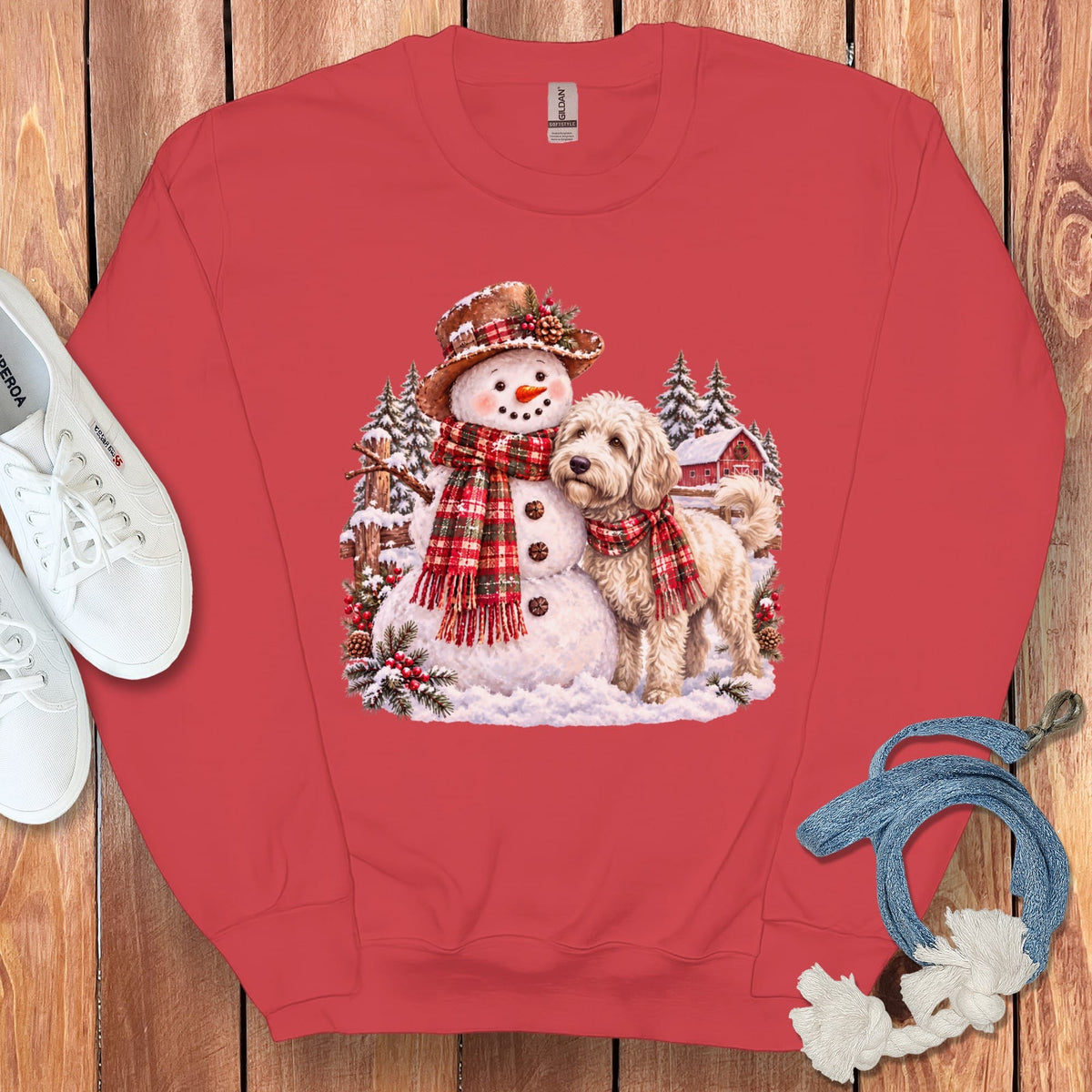 Maltipoo Christmas Snowman Sweatshirt in Red / S by Puppy Jo