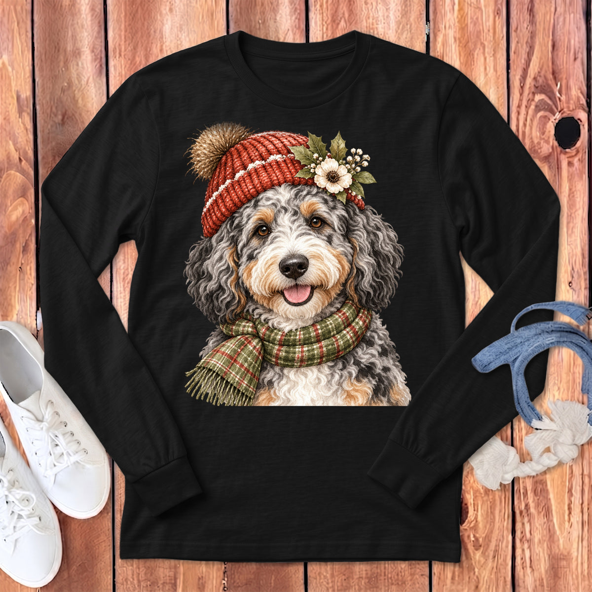 Black long-sleeve shirt with a doodle dog wearing a knit hat and scarf.