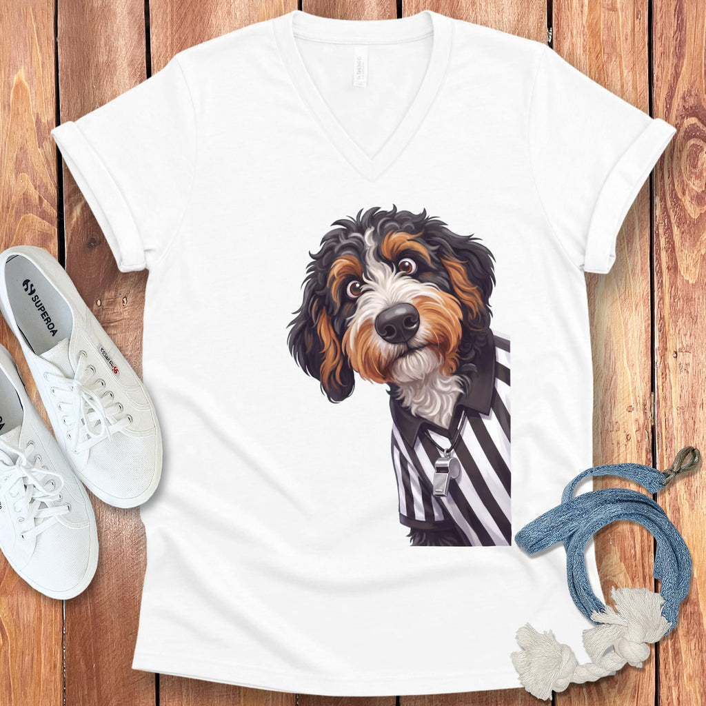 Bernedoodle Football Referee V-Neck T-Shirt in White / S by Puppy Jo