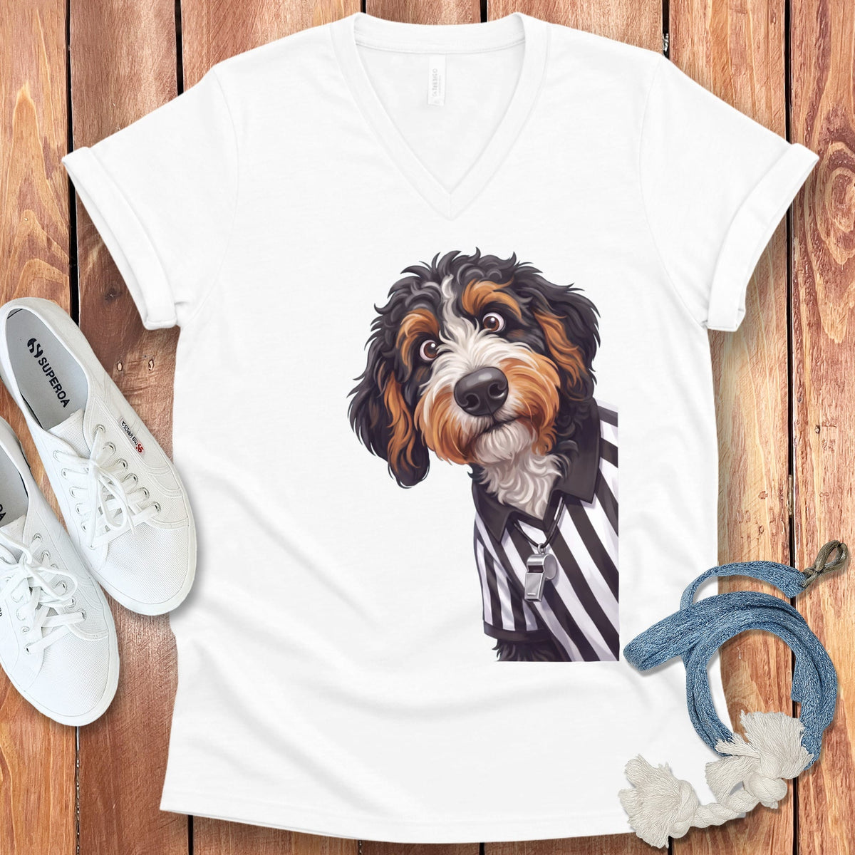 Bernedoodle Football Referee V-Neck T-Shirt in White / S by Puppy Jo